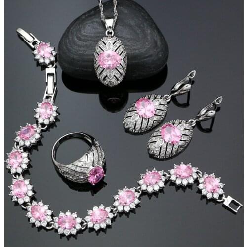 925 Silver Wedding Jewelry Sets For Women Bridal Accessories Pink Cubic Zirconia Earrings Ring Bracelet Pendant Necklace Set