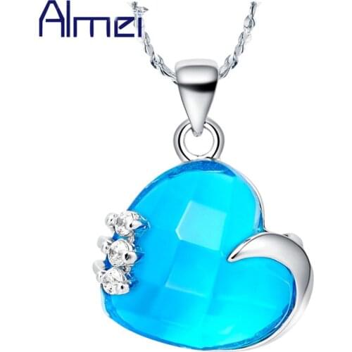 Almei Heart Choker Jewelry Silver Color Necklace With Blue/Purple Zircon For Women Bridal Necklaces & Pendants Wedding N478