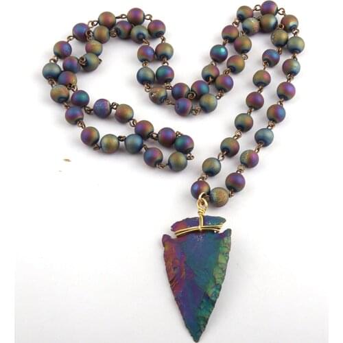 Free Shipping Rosary Chain Natural Druzy Bead & Stone Arrowhead Pendant Necklaces