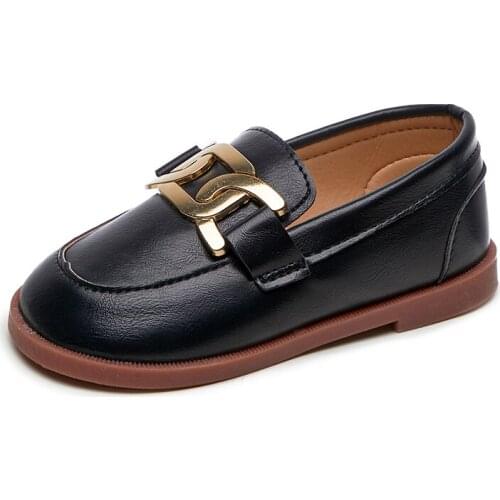 Kids Black Casual Shoes Of Toddler Boys Loafers Metal Slip on Shoes Girls Spring Leather Princess Shoes Children Baby