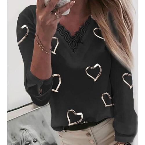40# Womens Clothing T-shirts Hearts Print V-neck Lace Patchwork Long Sleeve Leisure T-shirt Top Streetwear Футболка Женская