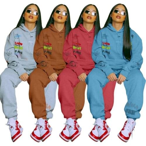 Letter Printed Hooded Women Two Piece Outfits Pullover Pocket Long Sleeve Top And Pants Winter Spring Sport Sets Outerwear Suits