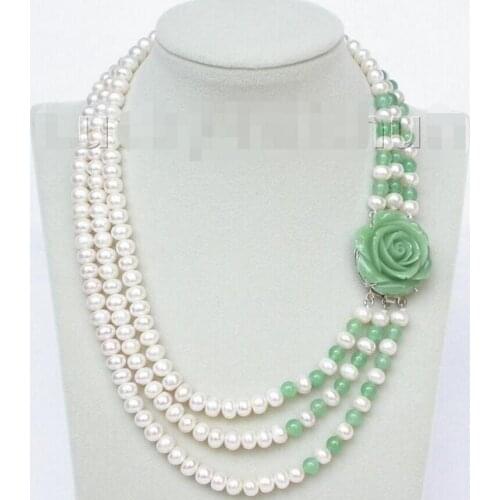 17"-20" 8mm 3row round white freshwater pearls green necklace