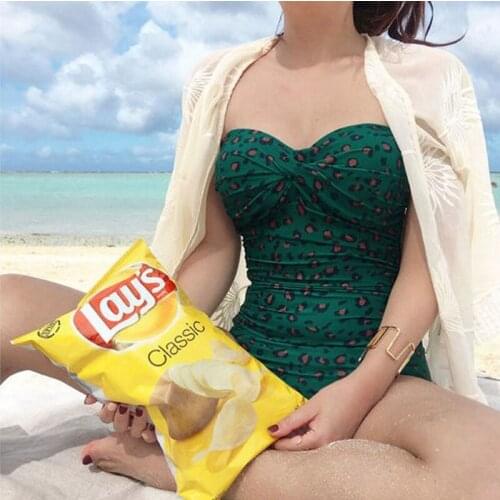 Womens Swimwear Green Leopard Print One-piece Swimsuit Small Chest Gathered Sexy Seaside Women