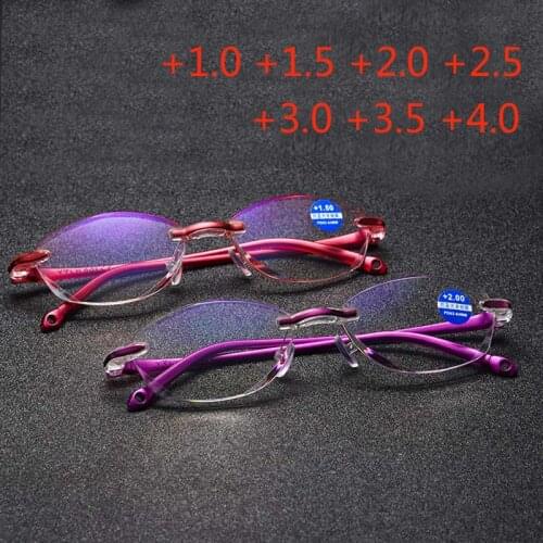 Fashion Women Frameless Anti Blue Rays Reading Glasses High Clear Coating Radiation Protection Presbyopia Glasses +1.0 to +4.0