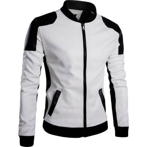 Hot Men Jacket Male Motorcycle Biker Mans Autumn stand collar black and white mixed colors casual Leather clothes M-5XL