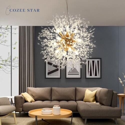 Nordic LED Chandeliers Lighting Modern Dandelion Crystal Metal Round Pendant Hanging Lamps Bedroom Living Room Lights Fixture