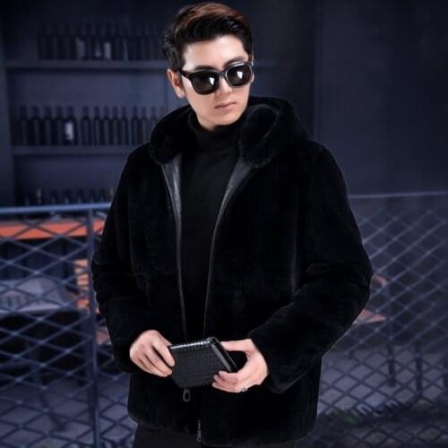 2021 autumn and winter new mens true rabbit fur coat thickening mens casual fur one fox fur collar collar hooded