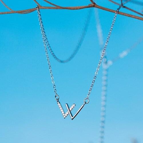 New Trendy S925 Sterling Silver W Letter Necklace Fashion Women Jewelry Double V Pendant AAA Zircon Diamond Necklace