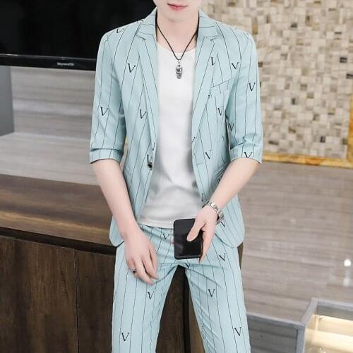 Jacket + Pants ) Spring Summer High quality Fashion Mens Plaid Casual Suit High-end Social Formal Suits 2Pcs Set