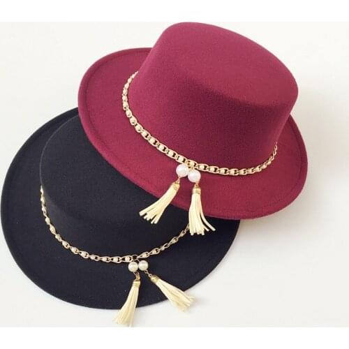 Pearl Belt Flat Top Hat Lovers Mens And Womens Hats Spring And Autumn Europe AndThe United Kingdom Big Flat Brim Cap Jazz Hat