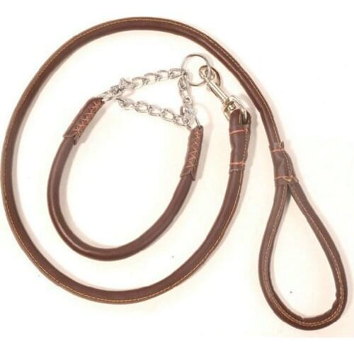 Solid Durable And Pliable PU Cow Leather Dog Leash And Chrome Coated Adjustable Collar With Wax Line Sewing And Edge Binding