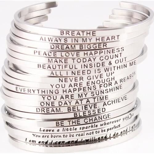 Dropshipping Stainless Steel Bangle Engraved Positive Inspirational Quote Hand Stamped Cuff Mantra Bracelets For Men Women