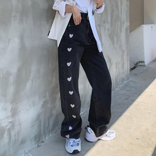 Streetwear Loose Straight Jeans Woman High Waist Heart Embroidery Mom Jeans Plus Size Washed Boyfriend Jeans Femme