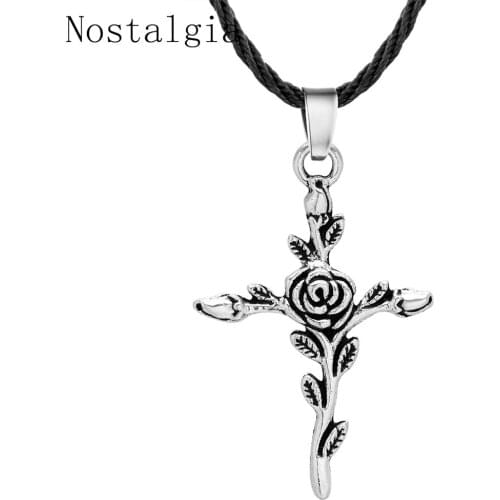 Viking Antique Rose Cross Necklace Women Men Jesus Christ Christian Jewelry Gifts Flower Leave Vintage Religious Jewelry