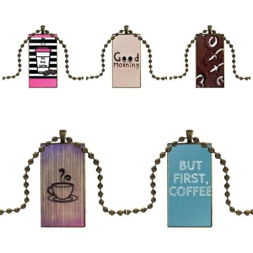 For Girls Vintage Jewelry Bronze Color Glass Cabochon Choker Pendant Long Rectangle Necklace Ok But First Coffee Fashion