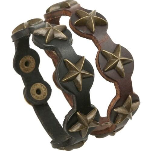 Vintage Retro Stars Cuff Leather Bracelet Alloy Bronze Beads Charm Bangle Wrap Wristbands Fashion Casual Punk Women Men Jewelry