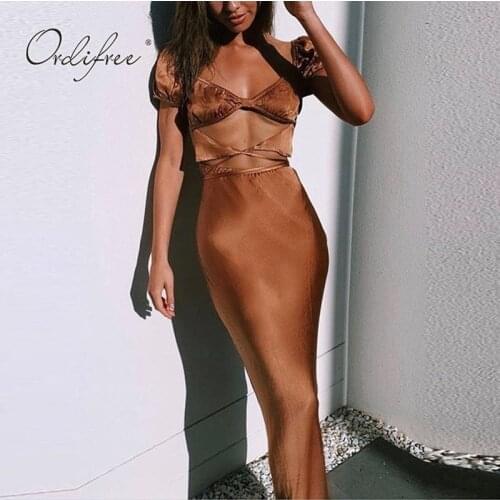 Ordifree 2021 Summer Women Sexy Party Dress Short Sleeve Club Wear Hollow Out Lace Up Long Satin Dress