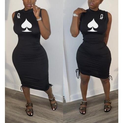 CM.YAYA Women Black Queen Print Sleeveless Stacked Tie Up Maxi Midi Dress Sexy Party Club Bodycon Bandage Dresses Vestidos