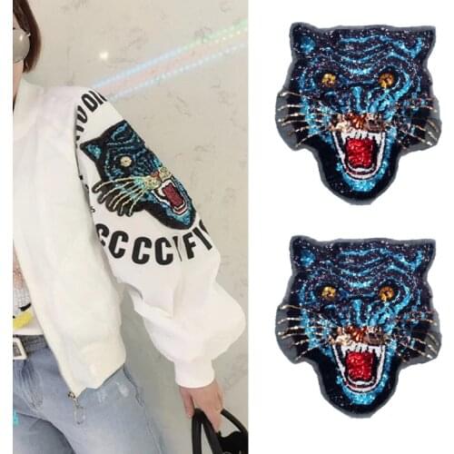 1 Pc 24*22cm Blue Sequin Embroidered Tiger Patches For Clothing Sewing On Garment Applique Scrapbooking