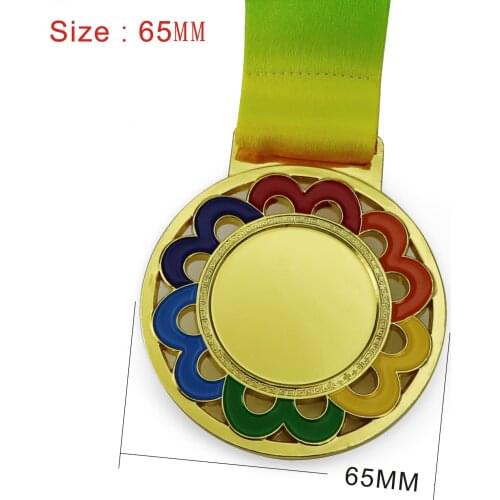 1PCS Dia 65MM Double Middle Blank Gold Color Medals with Colorful Ribbon Soft Ename Lacel Medal Flower Medal