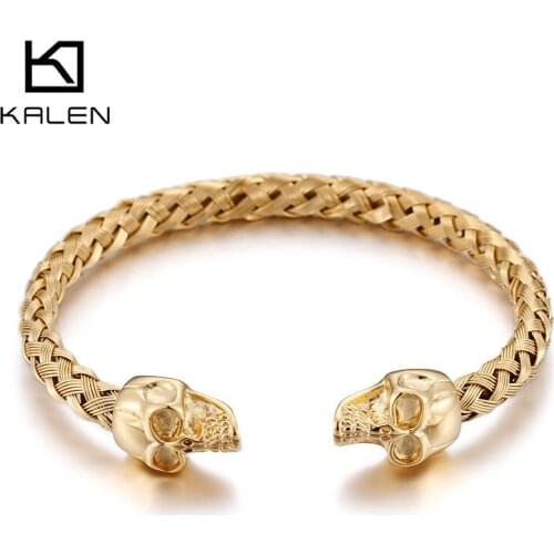 Kalen Double Skull Skull Gold Hip Hop Style Stainless Steel Open Bracelet Mens Fashion Jewelry