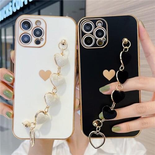 Love Heart Wrist Chain Phone Case For iPhone 12 11 Pro Max 7 8 Plus 12 Mini XR XS Max X 12 Pro 11 Electroplated Strap Back Cover