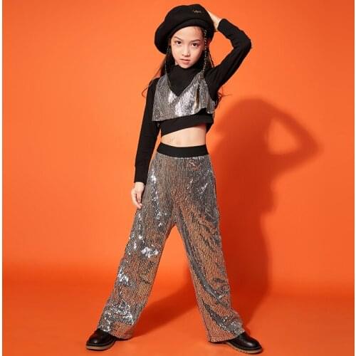 Kid Hip Hop Clothing Crop Top Long Sleeve Shirt Sequin Tank Top High Waist Street dance Pants Girls Jazz Dance Costume Clothes