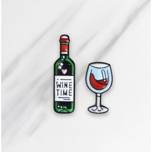 WINE TIME Enamel brooch Mini Wine Glass badge Lapel pin Denim Jeans shirt bag Cartoon Love Jewelry Gift for Lovers Wife