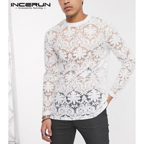Fashion Lace Printed Men T Shirt Long Sleeve Round Neck Casual Mens Tee Tops Sexy Transparent Party Nightclub T-shirts INCERUN