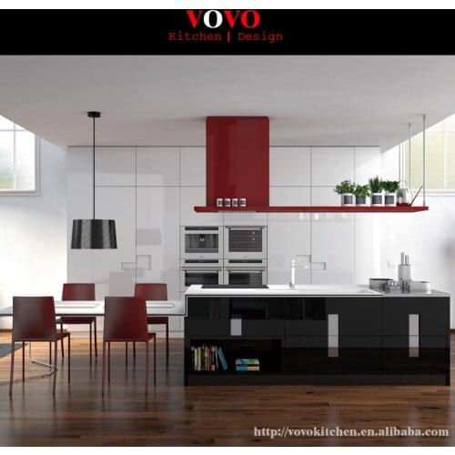 High gloss black and white lacquer kitchen cabinet with built-in oven