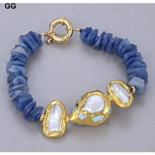 GuaiGuai Jewelry Natural Blue Kyanite Rondelle Rough Cultured White Pearl Blue Larimar Bracelet For Women