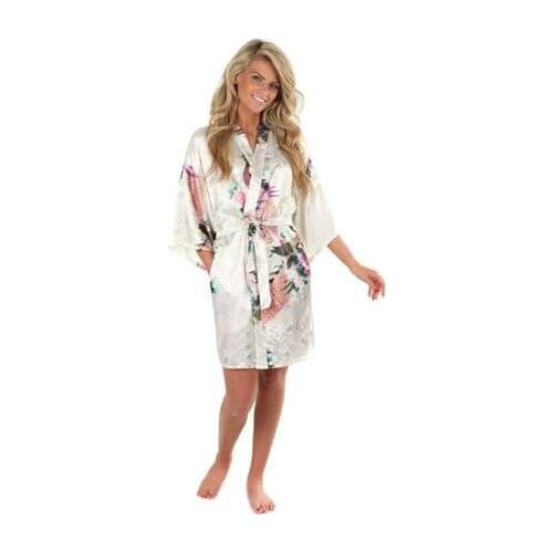 Wholesale Flower&Peacock Kimono Bathrobe Women Satin Soft Sleepwear Sexy Mini Bride Bridesmaid Wedding Robe Dressing Party Gown