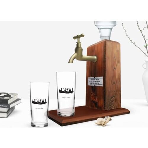 Personalized Colorful Printed Izmir Design Tourist Dual Arrack Cup and Wood Rack Stand Gift Seti-3