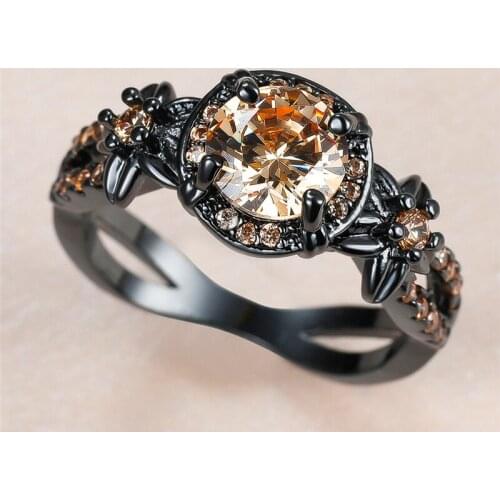 Dainty Female Champagne Crystal Stone Ring Charm Black Gold Flower Wedding Rings For Women Men Cute Round Zircon Engagement Ring