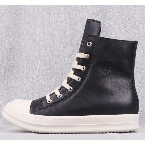 New Season Man Fashion Contrast Hi-top Sneakers Genuine Leather Black White Lace-up Side Zip Round Toe Thick Sole Shoes