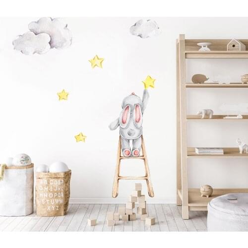 Cute Watercolor Bunny on the Stairs Stars Clouds Removable Wall Decals Nursery Art Stickers Posters PVC Girls Bedroom Home Decor