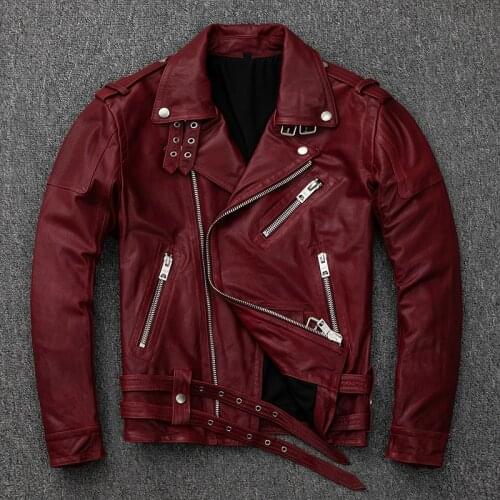 Motorcycle Genuine Leather Jacket Sheepskin Leather Jacket Mens Short Slim Red Winey Jacket