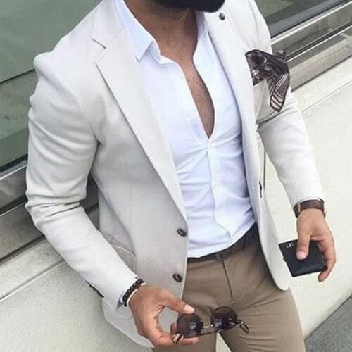 ANNIEBRITNEY Ivory 2 Piece Slim Fit Men Suit With Khaki Pants Tailor Made Skinny Groom Wedding Tuxedo Prom Wedding Men Suit Set