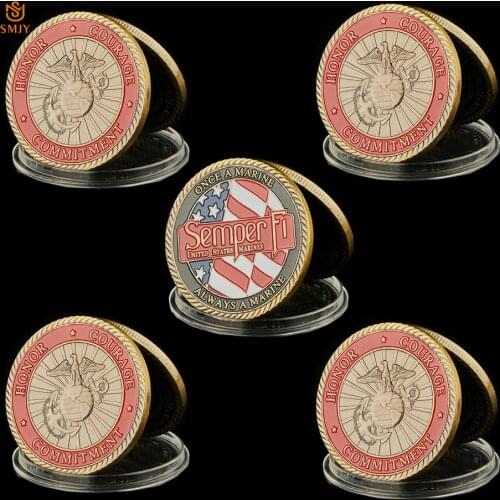 5PCS US Historical Military Commemorative Coin Marine Corps Honor Courage Commitment Gold Plated Medal Challenge Coins Gift