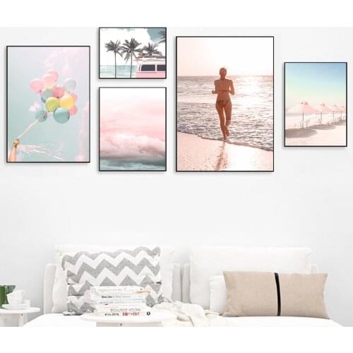 Beach Girl Pink Car Tree Balloon Sky Cloud Wall Art Canvas Painting Nordic Poster And Prints Wall Pictures For Living Room Decor