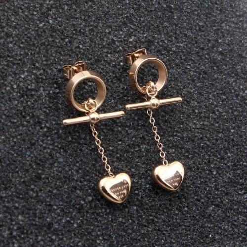 Fashion Stainless Steel Letter Long Chain T Heart Circle Drop Earring Rose Gold Color Women Party Wedding Gift