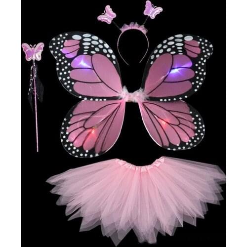 Girls Light Up Fairy Costume Butterfly Fairy Wings Skirt Tutu Set Glow Luminous Animal Costumes Birthday Party Gift 2-8 Years