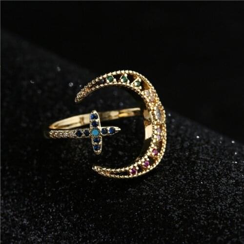Unique Design Hollow Moon Finger Ring 2021 New Fashion Gold Color CZ Open Ring Geometric Party Jewelry Femme Bijoux
