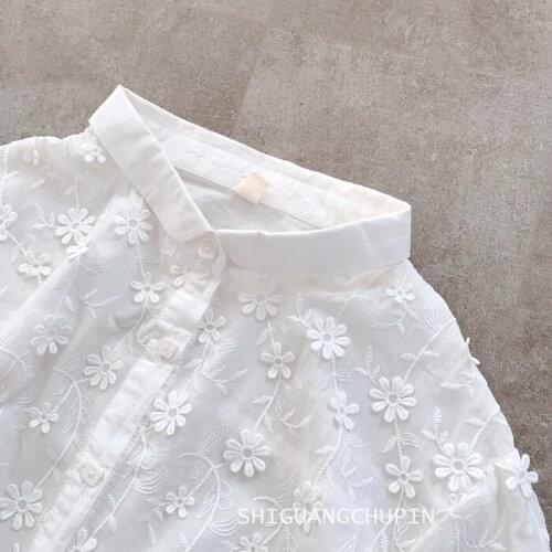 Spring Women White Bottoming Shirt With Small Lapel Fairy Style Three-Dimensional Flower Shirt Loose Cotton Autumn Blouse