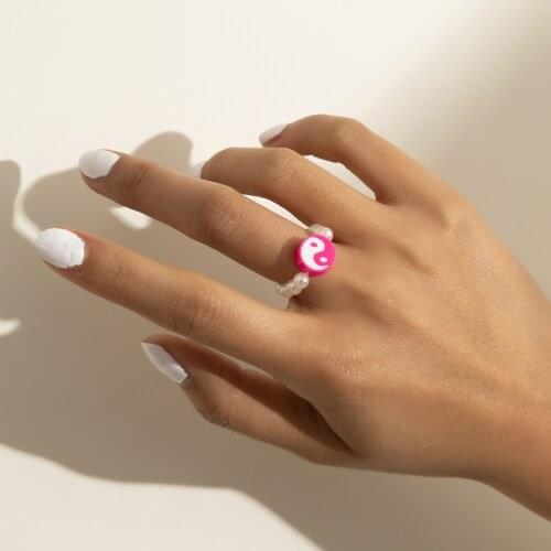 Vintage Pearl Beaded Ring Color Bohemia Bagua Rings Girl Simple Geometric Cold Tai Chi Yin Yang Elastic Ring