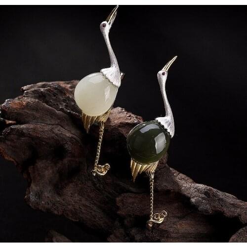 Red Crowned Crane Brooch Jade Gold Plated 925 Sterling Silver Brooches For Women Elegant Pins Luxury Jewelry Bridesmaid Gift