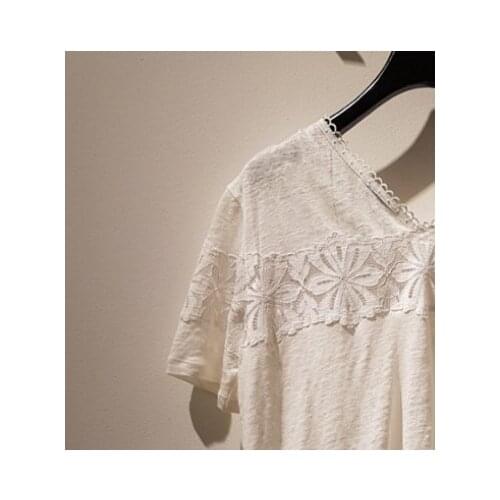 Womens Shirt Lace Stitching V-Neck T-Shirt White Short Sleeve Loose Tee Tops for 2021 Summer New Hot Sale