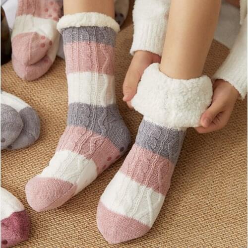 Plus Cotton Thicken Winter Socks Multicolor Stripes Women Sleep Warm Non-Slip Stocking Girl Cute Xmas Gift Home Floor Sock Hot