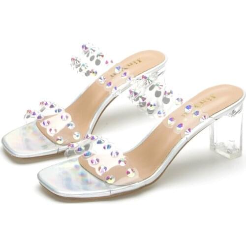 Size35-44 Summer Fashion Crystal Diamond Slides Clear PVC Transparent Slippers Women Shoes Peep Toe High Heels Mules Dress Pumps